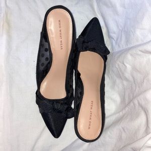Blk Sheer Polka Dot Bckless Pointy Heels w/Bow